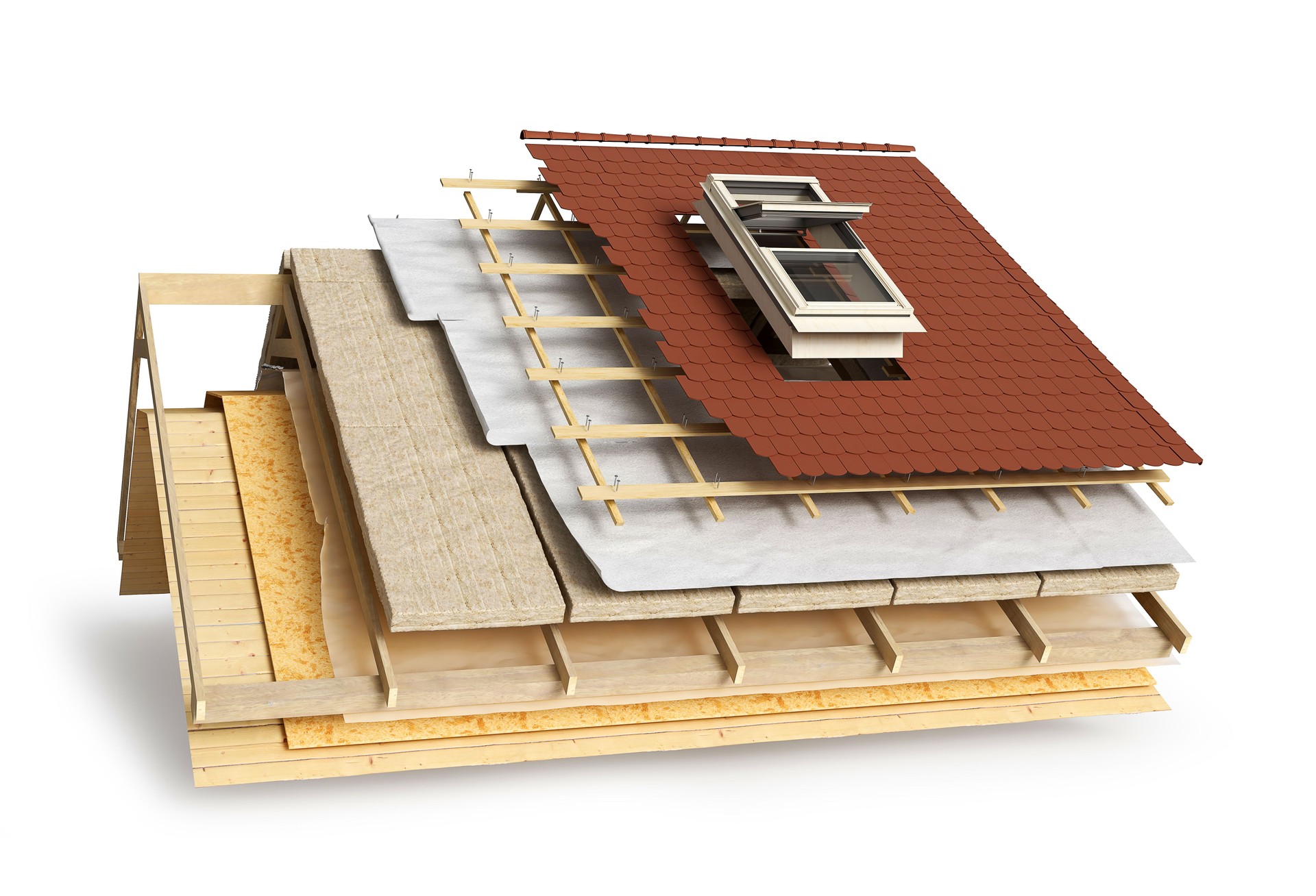 Layered scheme of roof covering and window installing, 3d illustration